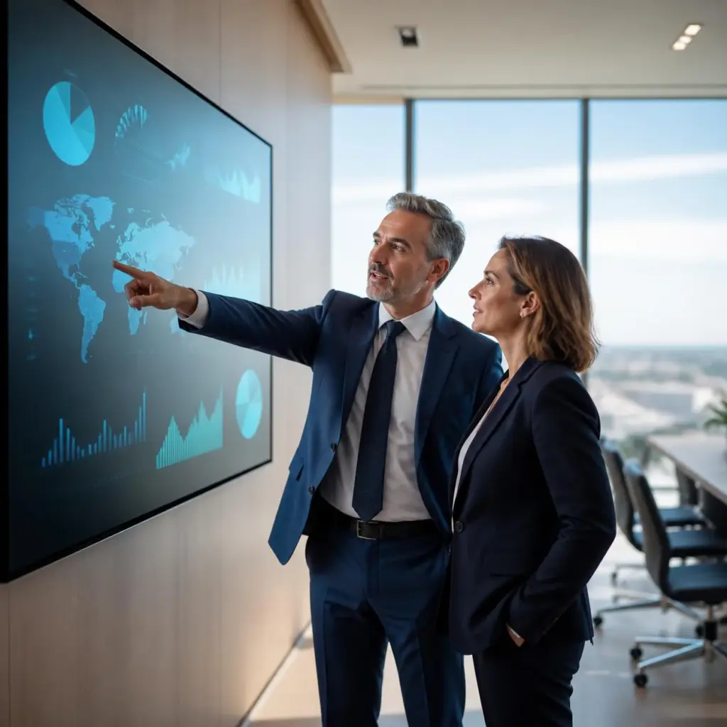 Finance executives analysing global performance data and international operations, illustrating the role of strategic CFO support during business expansion