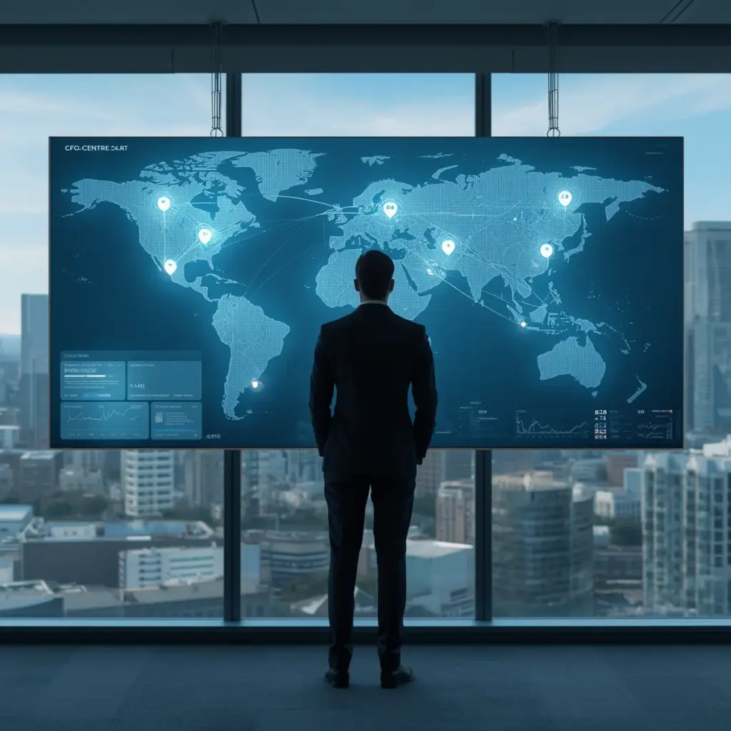 Finance leader reviewing a global operations dashboard and world map, illustrating the reporting, compliance and operational challenges of international business expansion